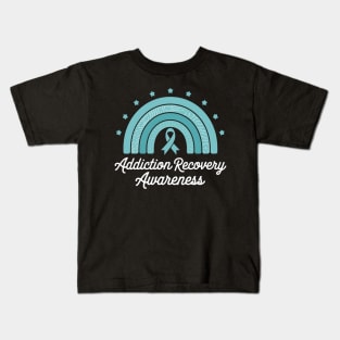 Addiction Recovery Awareness Teal Ribbon Rainbow Support Kids T-Shirt